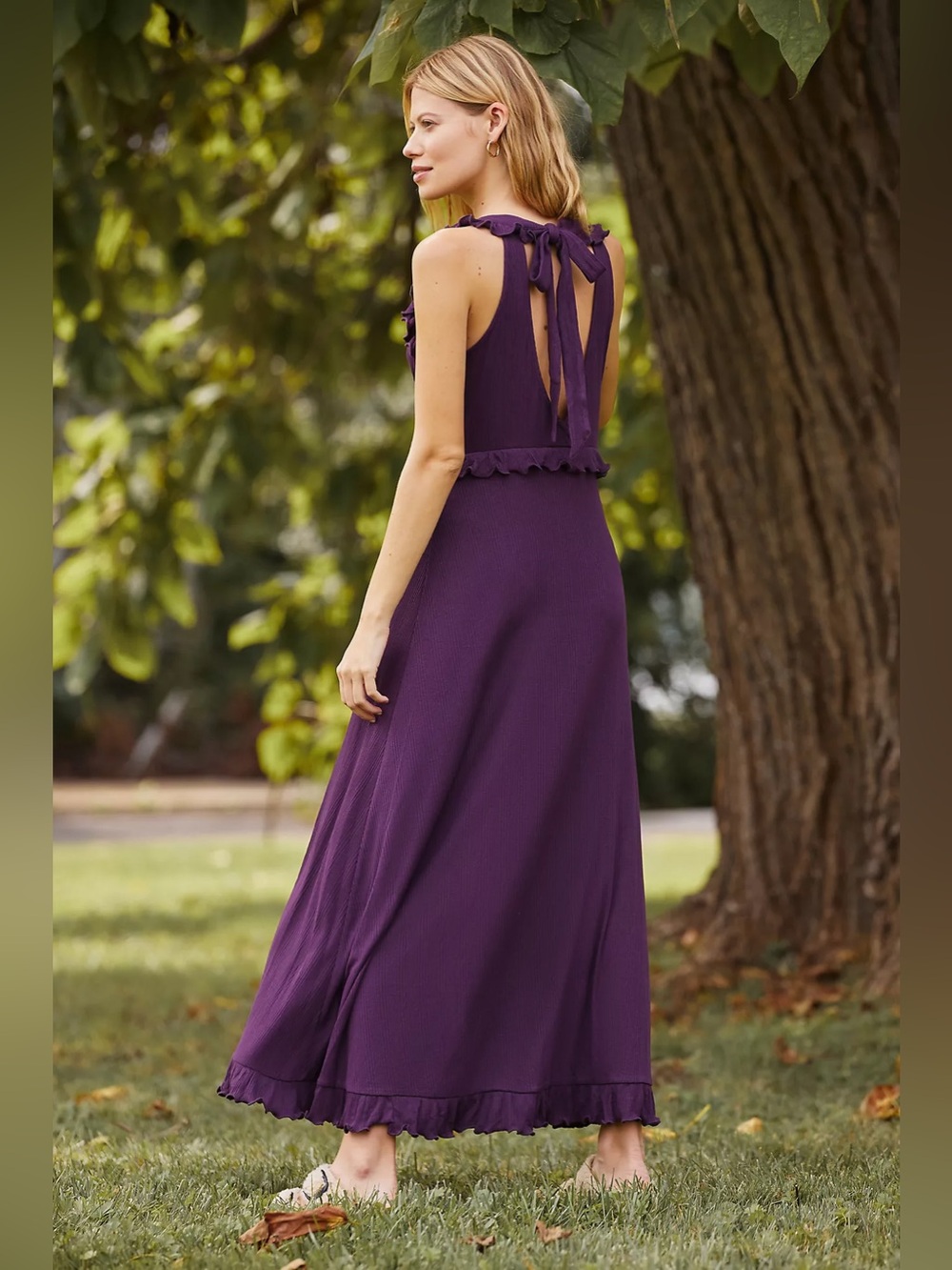 Anthropologie Deep-V Ruffle Trim Maxi Dress | Stretch Knit | Romantic | Size M - Picture 4 of 8
